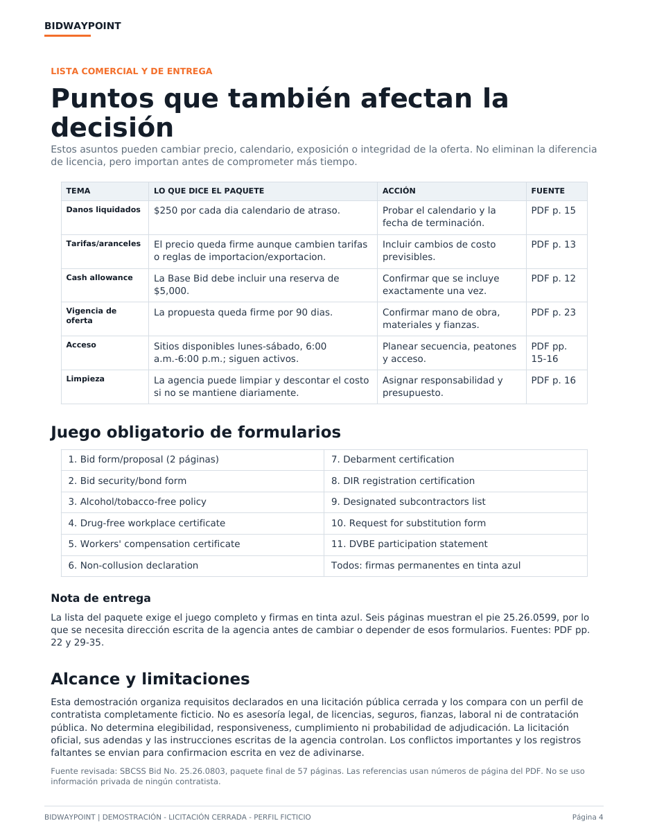 Página 4 con riesgos comerciales, formularios y límites