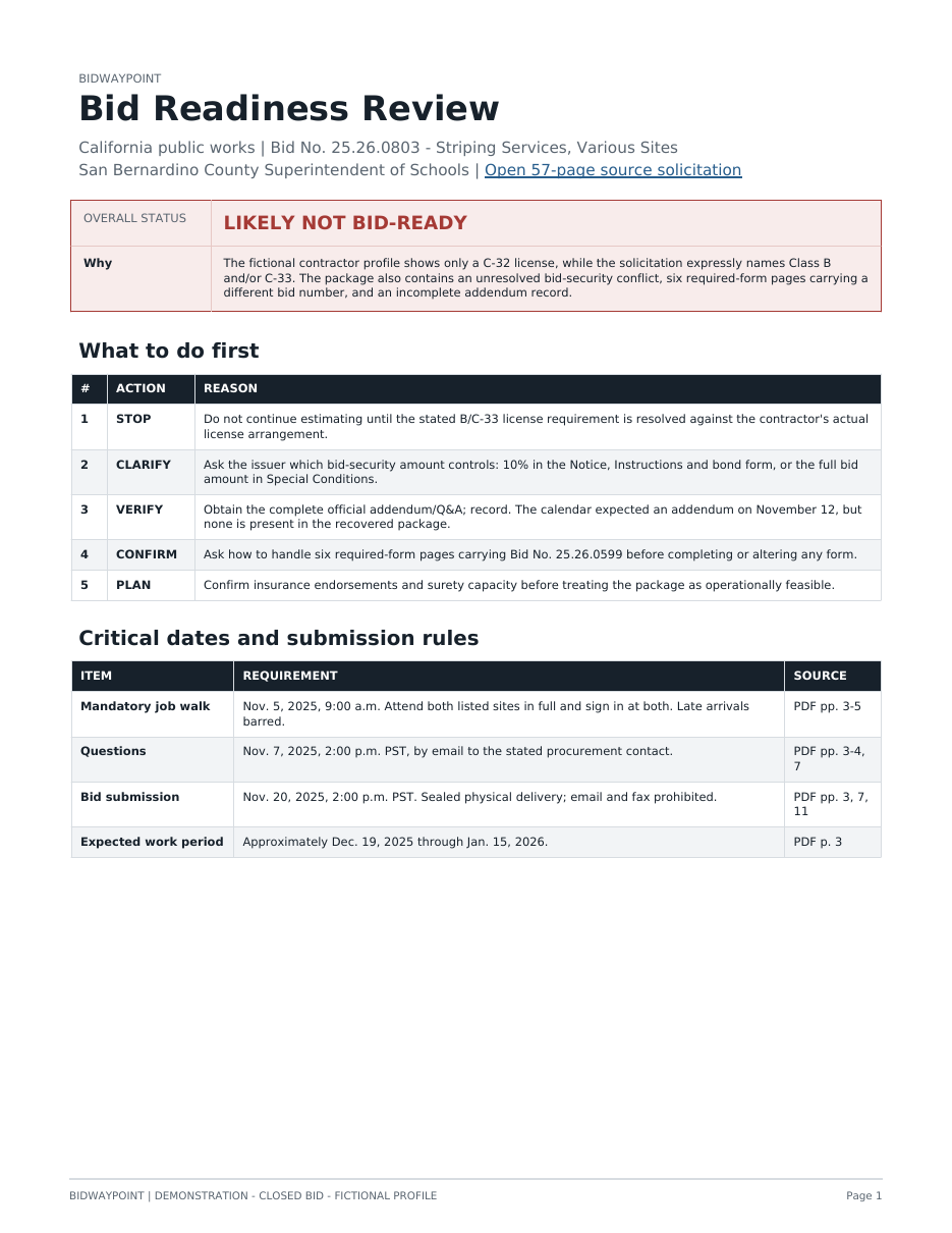 Sample report page 1 with overall status, first actions and critical dates
